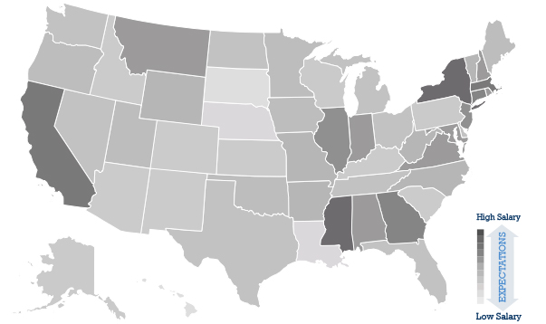 US Map Ranking Individual States Based on Average Salary Paid to Phlebotomists